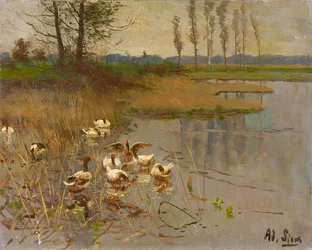 Seelandschaft mit Gänsen